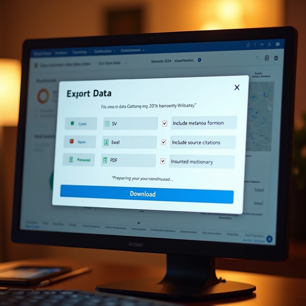 Computer screen showing data export process with multiple file format options