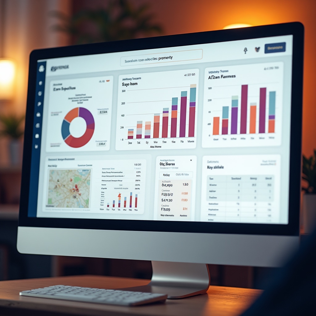 Detailed real estate analytics dashboard showing multiple charts, graphs and data tables