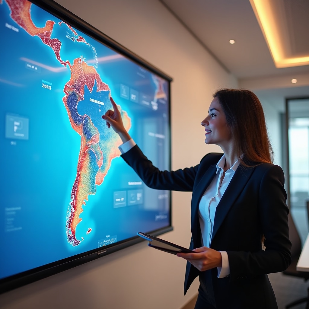 Person using interactive real estate data map on large touchscreen display