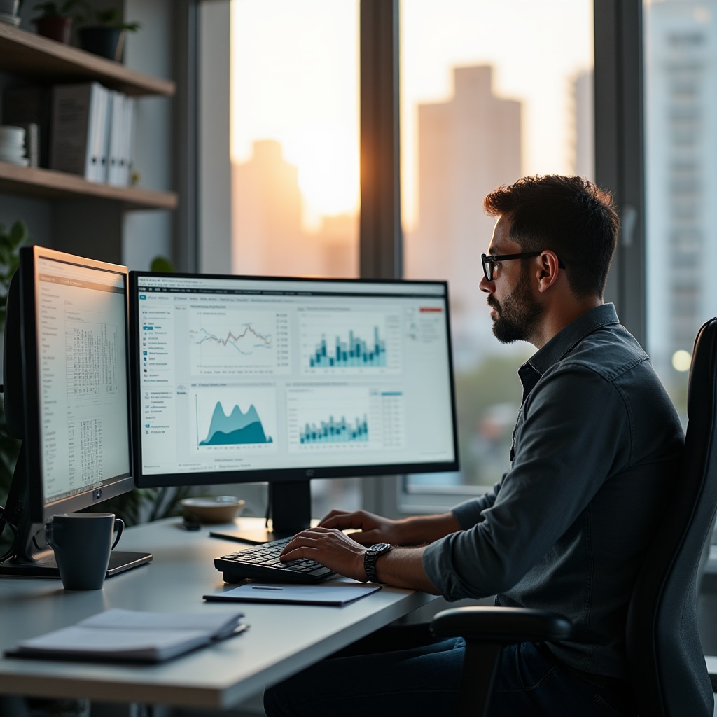 Professional analyzing real estate market data on multiple screens in modern office