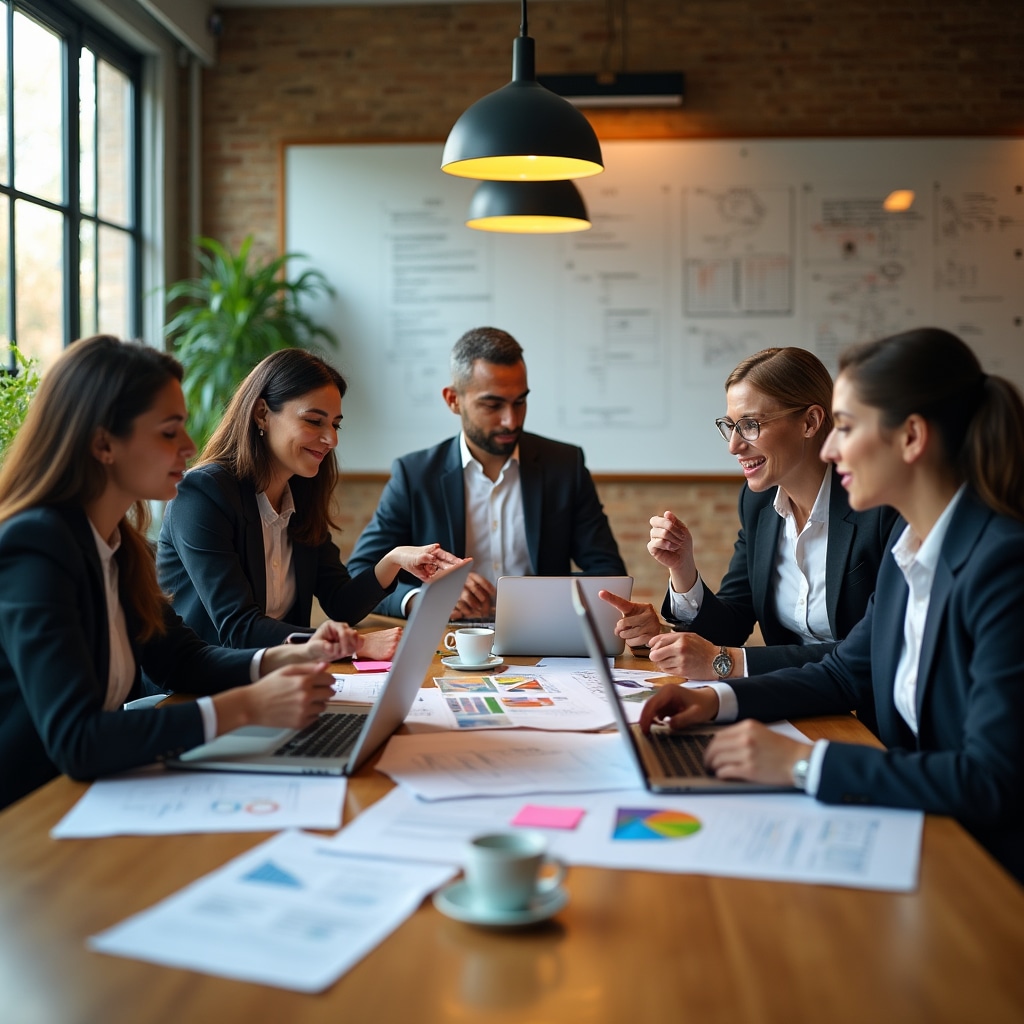 Diverse professional team collaborating around table with laptops and documents
