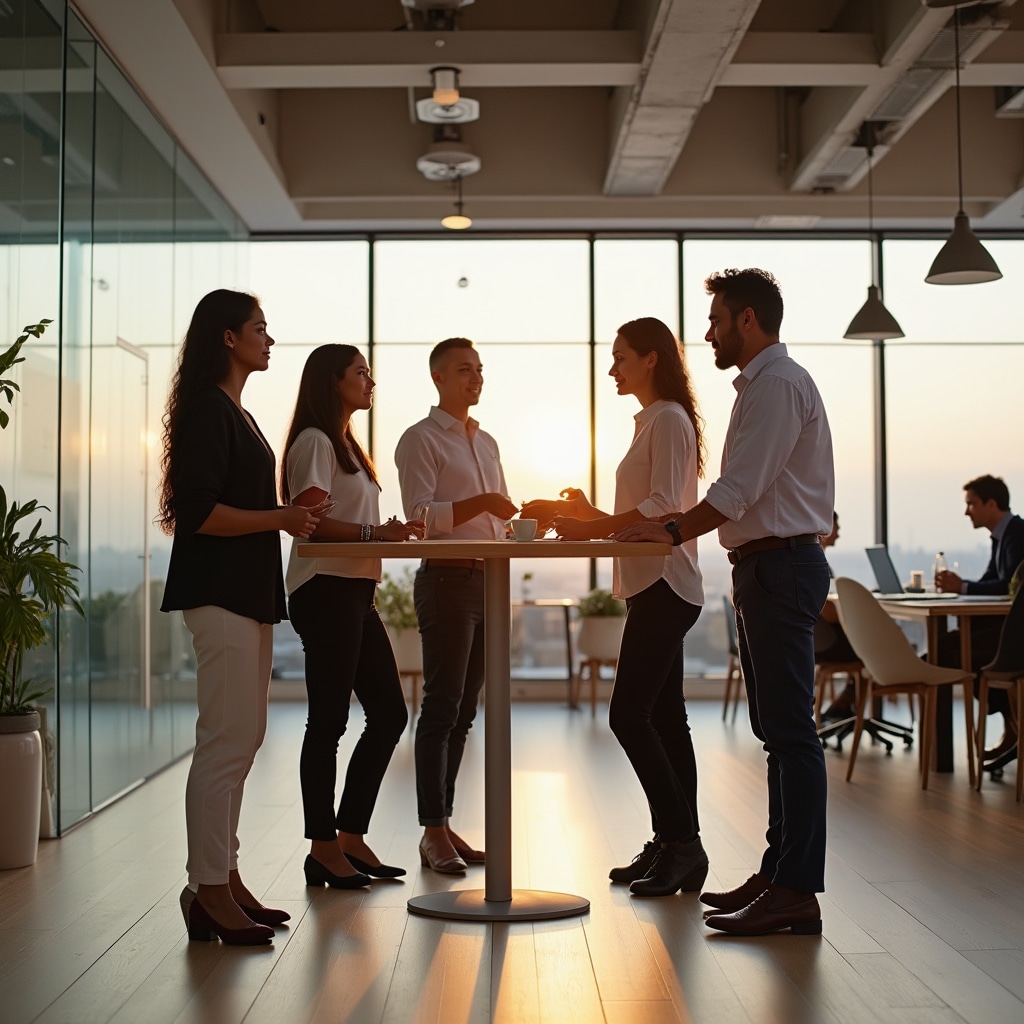 Transparent office environment with open workspace design and collaborative team culture